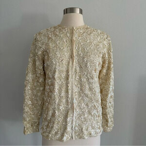 Vintage 1960s Glam Rare One Of Kind Fully Sequin Wool Blazer Jacket Top Ivory